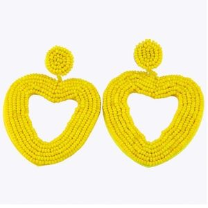 Large Yellow Beaded Heart Drop Statement Earrings